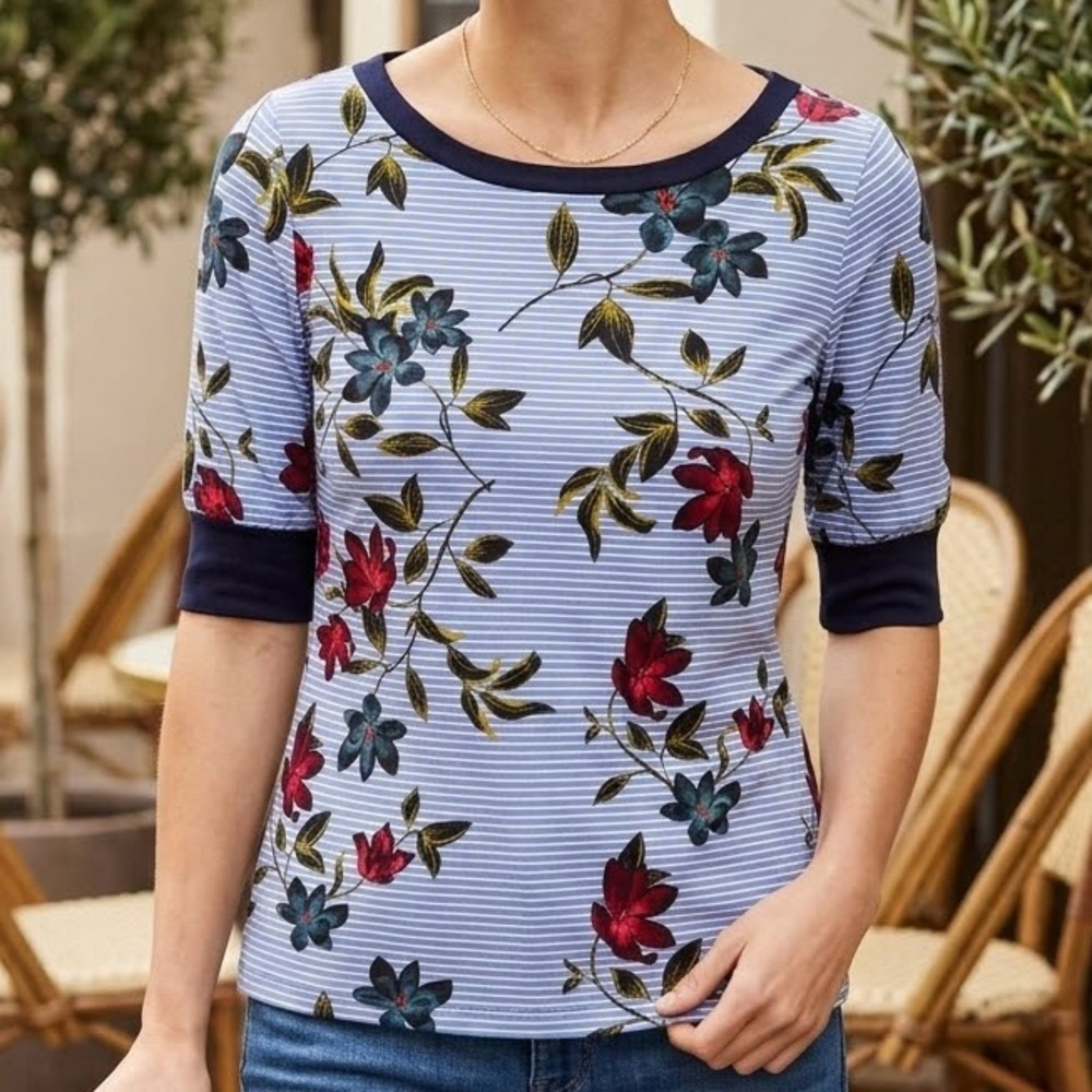 Ralph Lauren Floral Striped Top Boho Whimsical Coastal Preppy Nautical Romantic